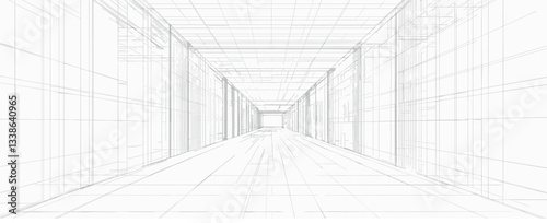 Futuristic architectural blueprint of a long empty corridor with grid lines and symmetrical perspective.