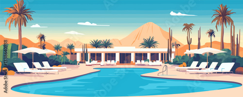 Desert oasis resort with pool and palm trees under clear sky at sunset.