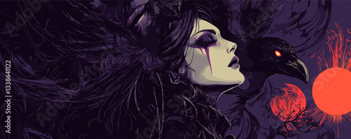 Mysterious woman with raven and red sun in dark fantasy art.