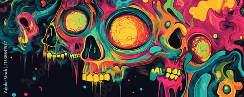 Colorful abstract skulls with psychedelic patterns and vibrant dripping colors.