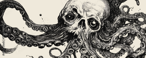 Intricate monochrome octopus-skull illustration with detailed tentacles and surreal design.