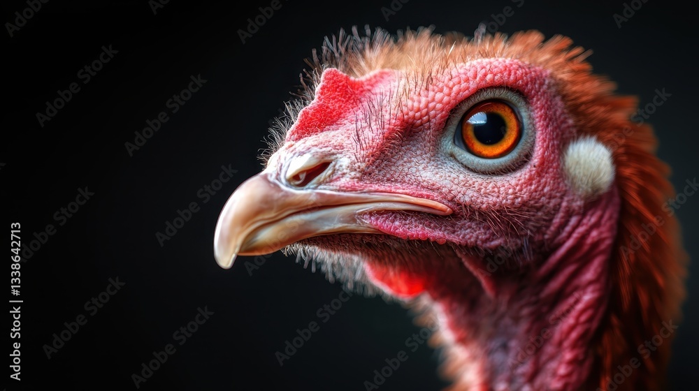 This striking image features a close-up of a turkey, showcasing its unique facial features and vivid eye against a dark background, highlighting nature's beauty. This striking image features a close-up of a turkey, showcasing its unique facial features and vivid eye against a dark background, highlighting nature's beauty.