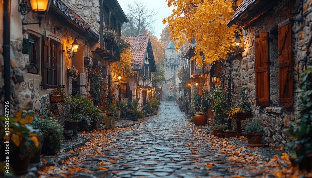 Fototapeta premium Stone buildings line a cobblestone street in a scenic village