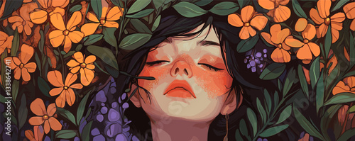 Peaceful young woman relaxing among vibrant flowers and foliage in nature-themed artwork.