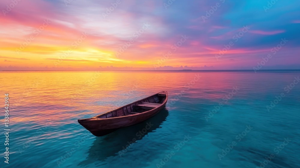 A single wooden boat floats serenely on calm waters at sunset, creating a stunning contrast of colors and evoking feelings of tranquility and peaceful solitude. A single wooden boat floats serenely on calm waters at sunset, creating a stunning contrast of colors and evoking feelings of tranquility and peaceful solitude.