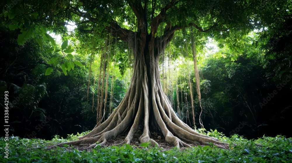 Majestic Tree with Exposed Roots in Lush Green Forest Majestic Tree with Exposed Roots in Lush Green Forest