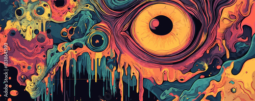 Surreal abstract art of dripping vibrant colors with eye motif.