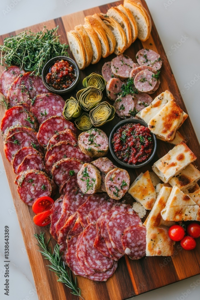 Gourmet charcuterie board with salami, bread, artichoke, and tomato relish on wooden serving platter, appetizing food photography, delicious, culinary