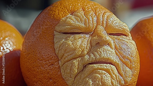 In this bizarre and surreal image, an orange is anthropomorphized with human-like facial features, blending the realms of nature and whimsically interpreting emotions. photo