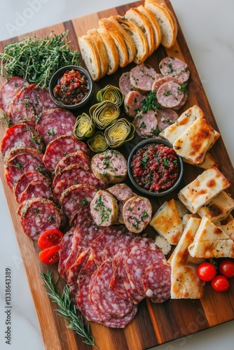 Obraz na płótnie Gourmet charcuterie board with salami, bread, artichoke, and tomato relish on wooden serving platter, appetizing food photography, delicious, culinary w salonie