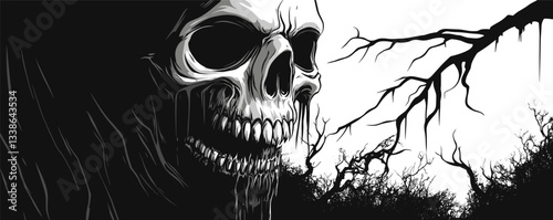 Grim skull with sharp teeth in dark forest scene featuring bare tree branches.