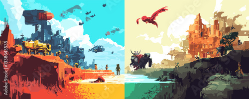 Futuristic landscapes: two diverse worlds with unique creatures and dramatic color schemes.