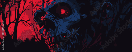 Eerie skull in haunted forest at night with red sky and bare trees.