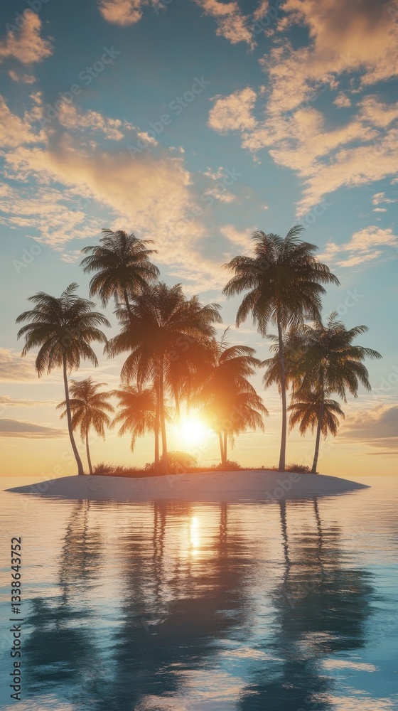 Obraz premium Serene Sunset Over Tropical Island Surrounded by Calm Water