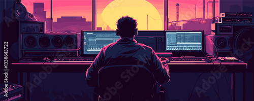 Solo music producer in modern studio at sunset watching scenic skyline.