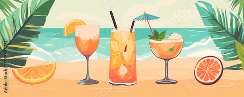 Colorful tropical cocktails on sandy beach with ocean and palm leaves.