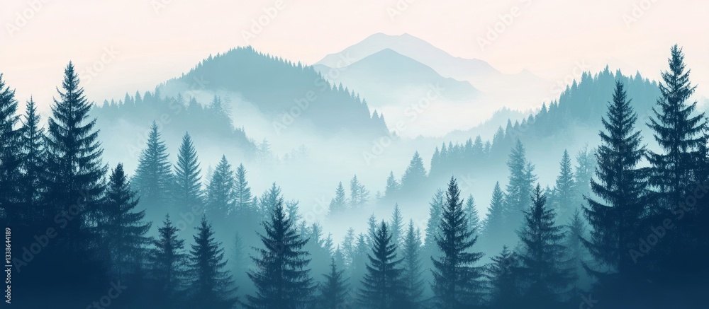 Fototapeta premium Realistic misty landscape with fir forest in hipster vintage retro style.
