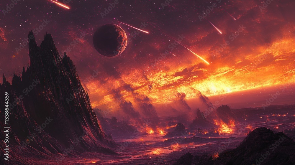 Obraz premium Intense meteor storm lights up alien landscape with active volcanism and a distant planet against a fiery sky