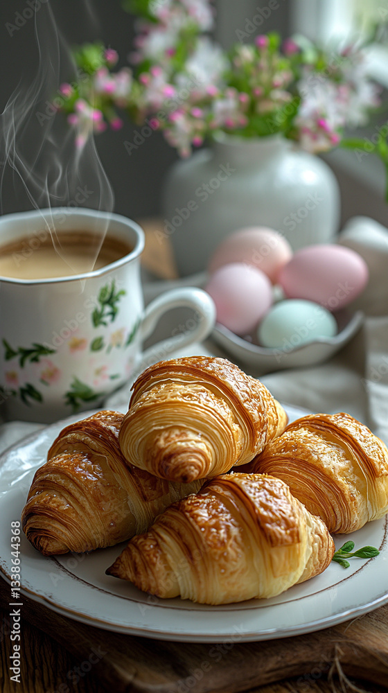 Easter breakfast. Croissants and coffee and colored eggs Easter breakfast. Croissants and coffee and colored eggs