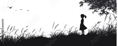 Silhouette of a girl in nature with birds and trees in peaceful scene.