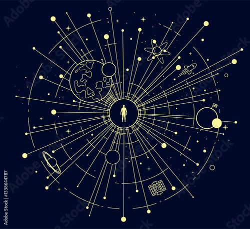 Human at the Center of Space and Technology – Cosmic Exploration. Cosmic astrology map with stars and constellations