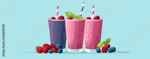 Three berry smoothies with straws and fruit garnish on light blue background.
