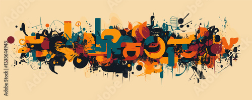 Abstract artistic composition with colorful shapes and musical elements on beige background.