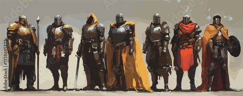 Group of armored medieval knights standing together with weapons and capes.