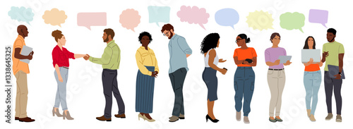 A group of people are standing and talking to each other with speech bubbles. The people are of different races and genders. Colorful flat vector illustrations isolated on transparent background