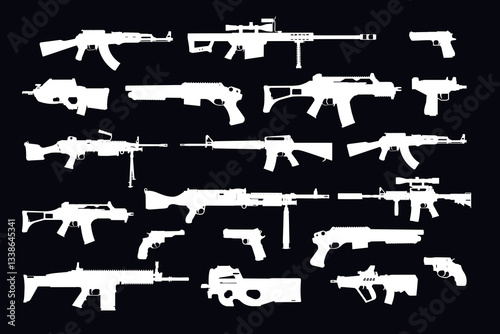 Various military weapon silhouettes including rifles and handguns