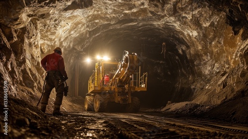 Deep underground mining operation with heavy machinery and worker oversight