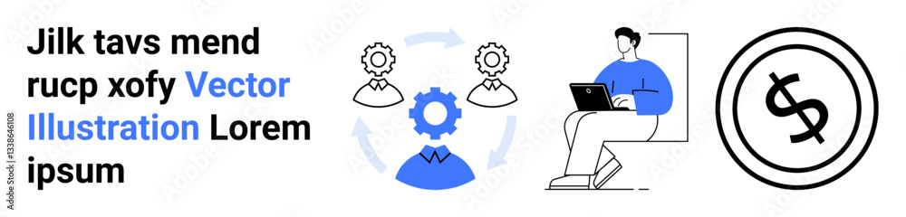 Circular workflow with gears, team collaboration, person working on laptop, and dollar cycle. Ideal for teamwork, productivity, business strategy, process optimization, digital work finances Circular workflow with gears, team collaboration, person working on laptop, and dollar cycle. Ideal for teamwork, productivity, business strategy, process optimization, digital work finances