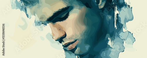 Thoughtful young man in watercolor style portrait with blue and green tones.