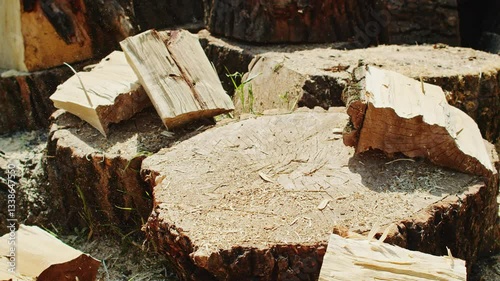Close-up of an axe splitting a thick log on a tree stump, with wood pieces and sawdust flying. Freshly cut firewood and chopped logs are visible in the background. Outdoor woodcutting process in a