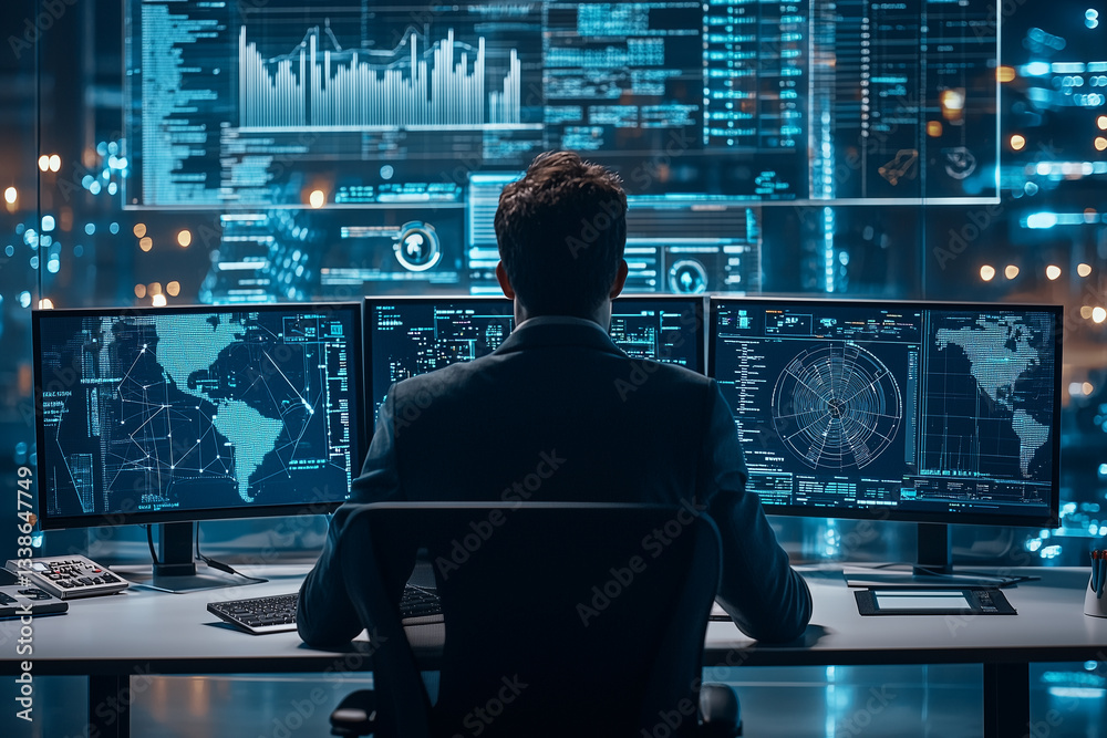 A professional analyzing complex data on multiple screens in a modern workspace. A professional analyzing complex data on multiple screens in a modern workspace.