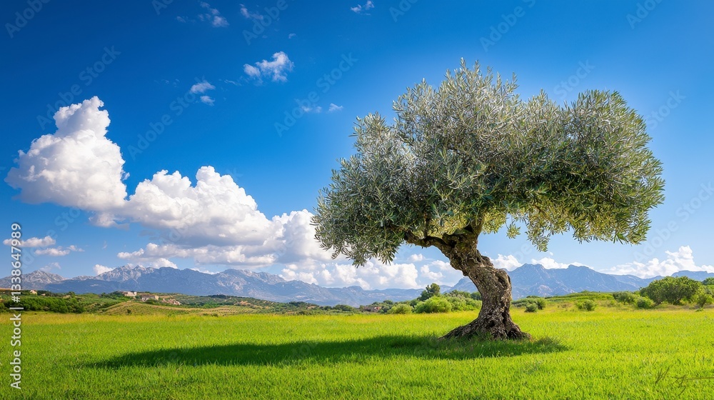 Pixelated Olive Tree in Sunny Field with Mountain Background Pixelated Olive Tree in Sunny Field with Mountain Background