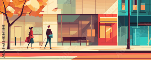 Two fashionable women walking on a colorful city street on a bright autumn day.