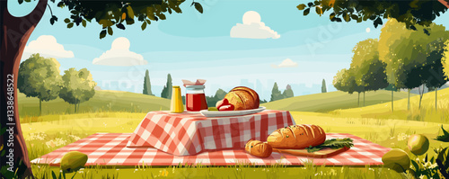 Idyllic summer picnic in countryside with bread, cheese, and condiments on checkered blanket.