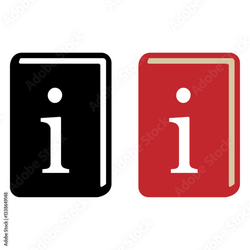 A book information icon in three different styles: solid black, and solid red. The design features a book shape with a lowercase "i" symbol, representing information, knowledge, or help guide