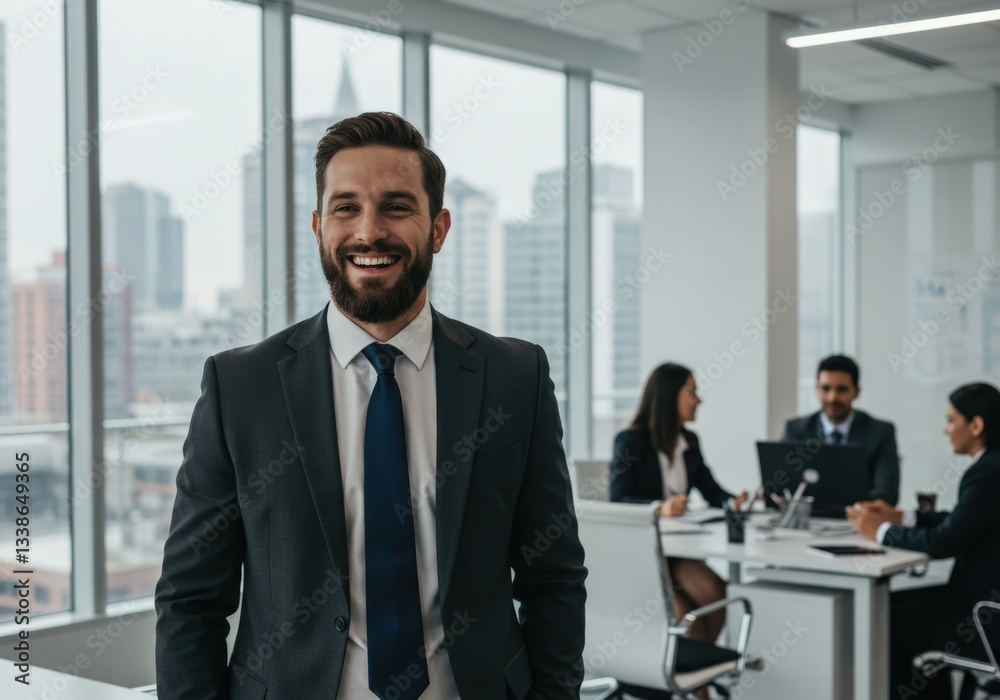 Young businessman in blue suit standing in bright office Young businessman in blue suit standing in bright office