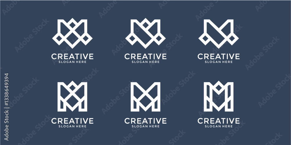Abstract Geometric Logo Variations: White Pixel M Designs on Blue Background Abstract Geometric Logo Variations: White Pixel M Designs on Blue Background