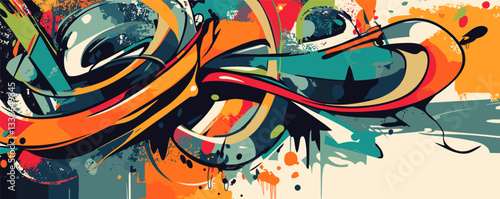 Vibrant abstract street art with dynamic shapes and bold colors.