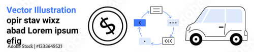Circular steps diagram with dollar sign, chat notification, and a car. Ideal for finance, transport, mobility, work logistics, task flow, earning streams abstract line flat metaphor