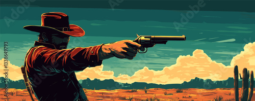 Cowboy aiming pistol in desert landscape with dramatic clouds and cactus at sunset.