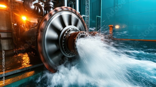This vivid image showcases a giant water pump in an industrial setting, demonstrating the flow of water and the mechanical intricacies involved in large-scale water management.