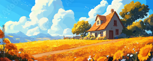 Picturesque countryside cottage with sunflower field under sunny blue sky.
