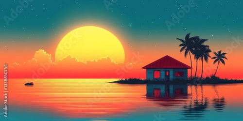 A serene tropical sunset scene with a vibrant sun setting over calm waters, silhouetted palm trees, and a quaint hut, creating a tranquil atmosphere.
