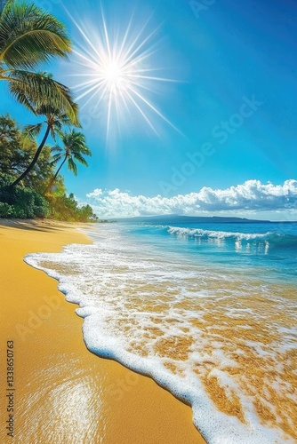 A sunny beach in Hawaii with palm trees and crystal-clear water, with the sun shining brightly over it.
