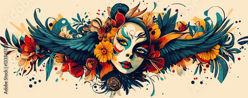 Colorful masked woman with floral and wing elements in artistic design.