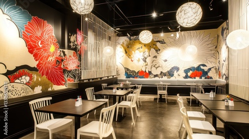 Elegant Japanese restaurant interior, floral mural, modern seating